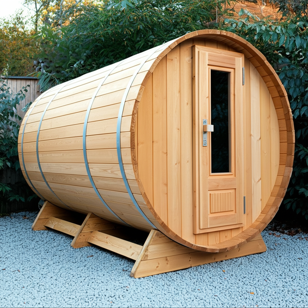 Assembled cedar barrel sauna delivered and set up in a backyard