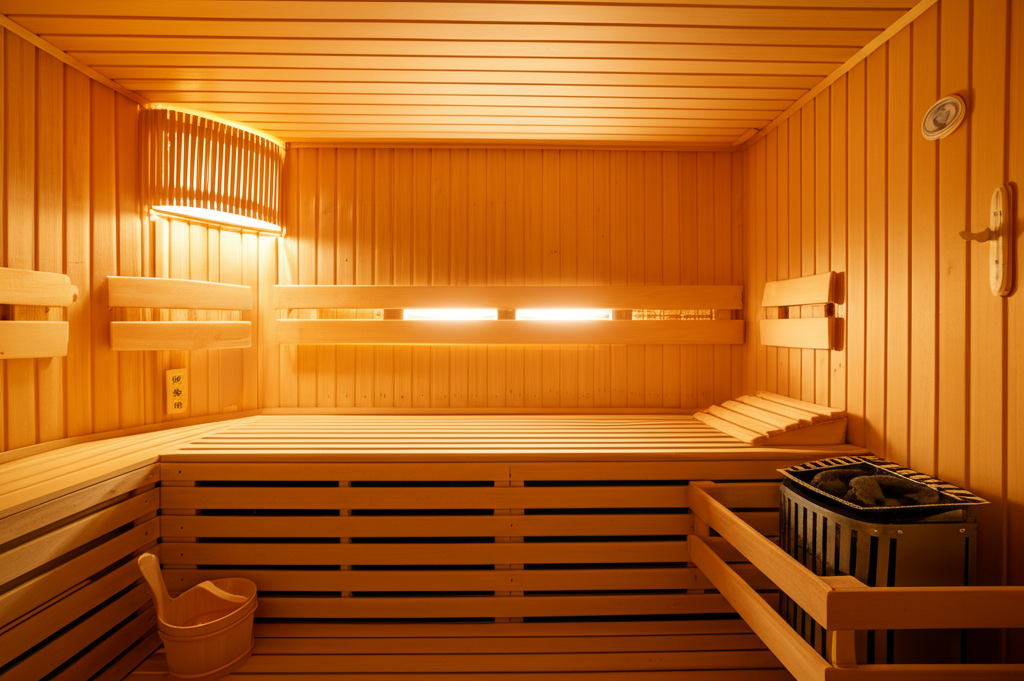 Softly lit sauna interior with a wooden bucket and rock heater