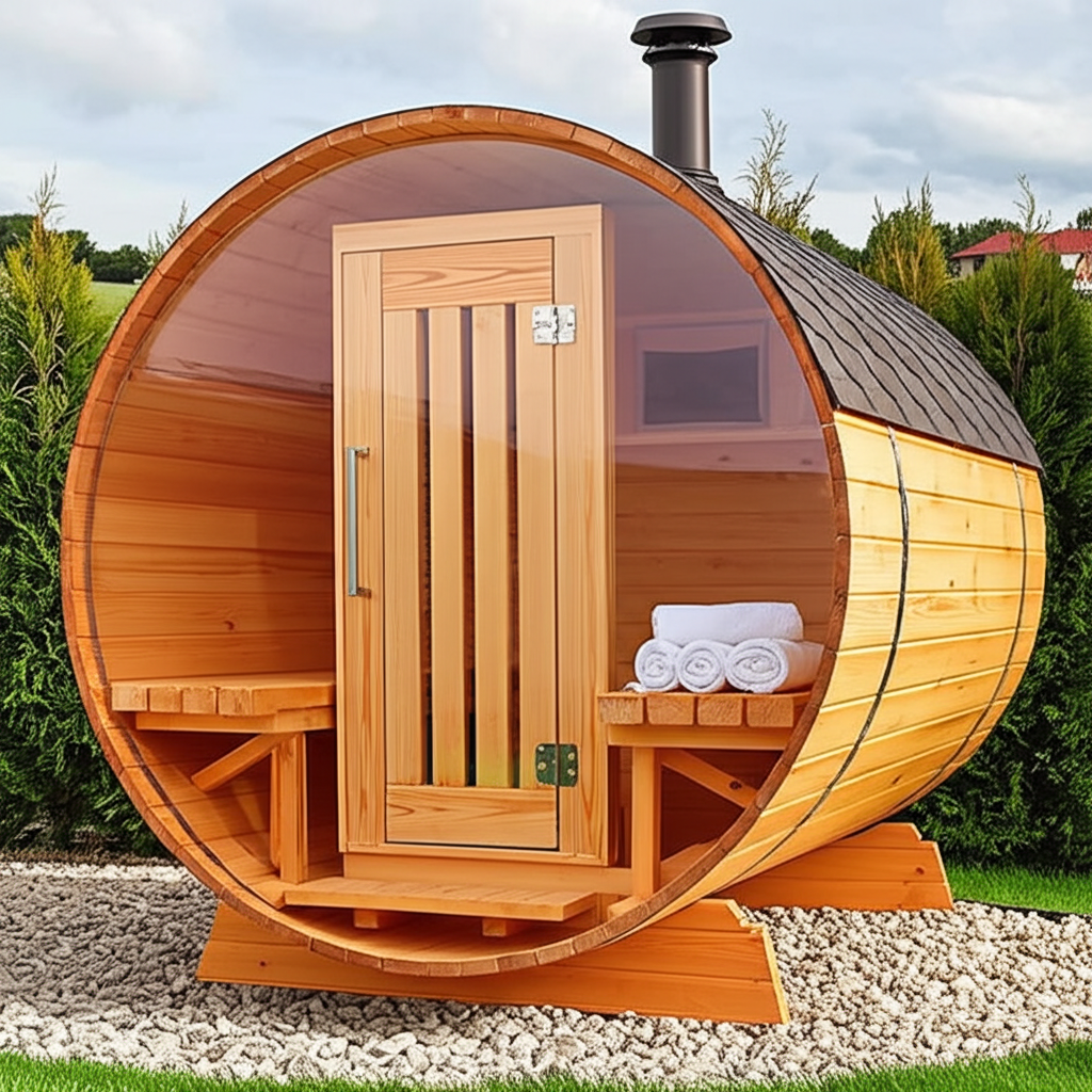 Glass-front cedar barrel sauna installed on a gravel base in a garden