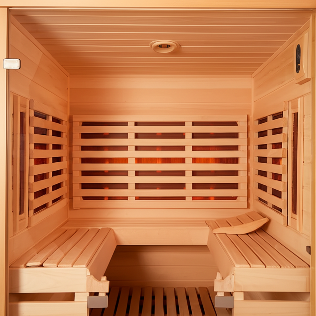 Infrared sauna cabin with glowing heating panels and contoured benches