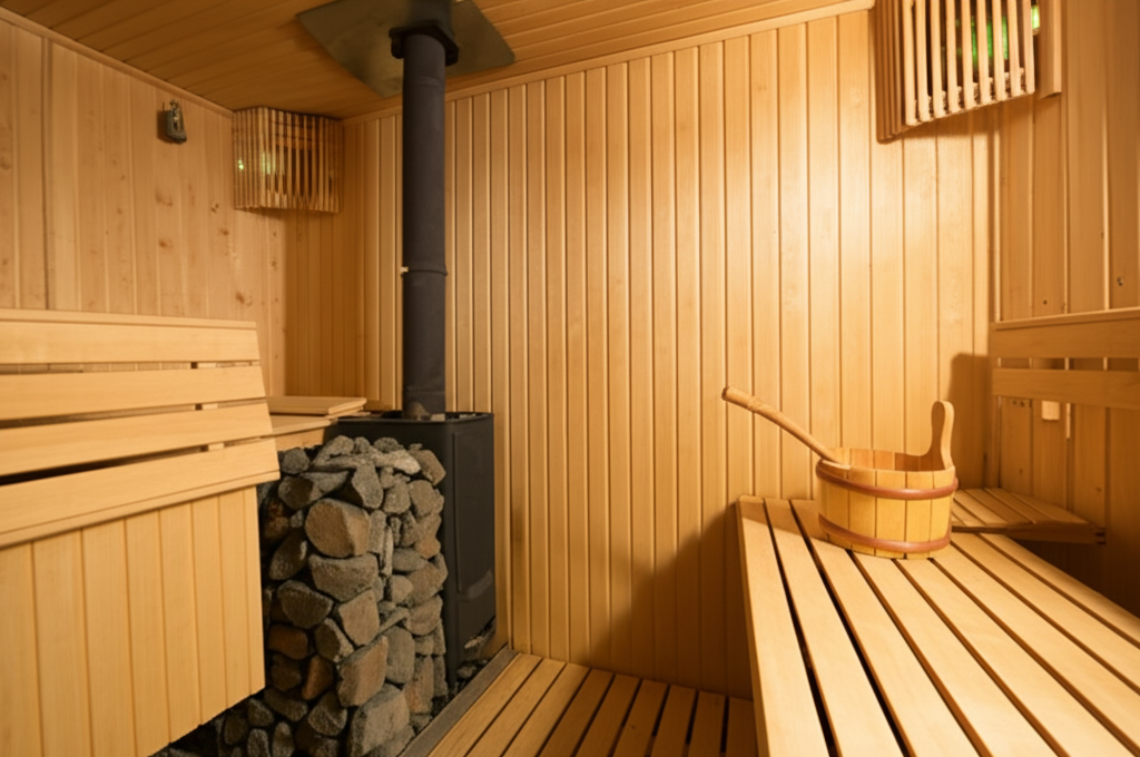 Traditional sauna with a wood-burning stove and stacked sauna stones