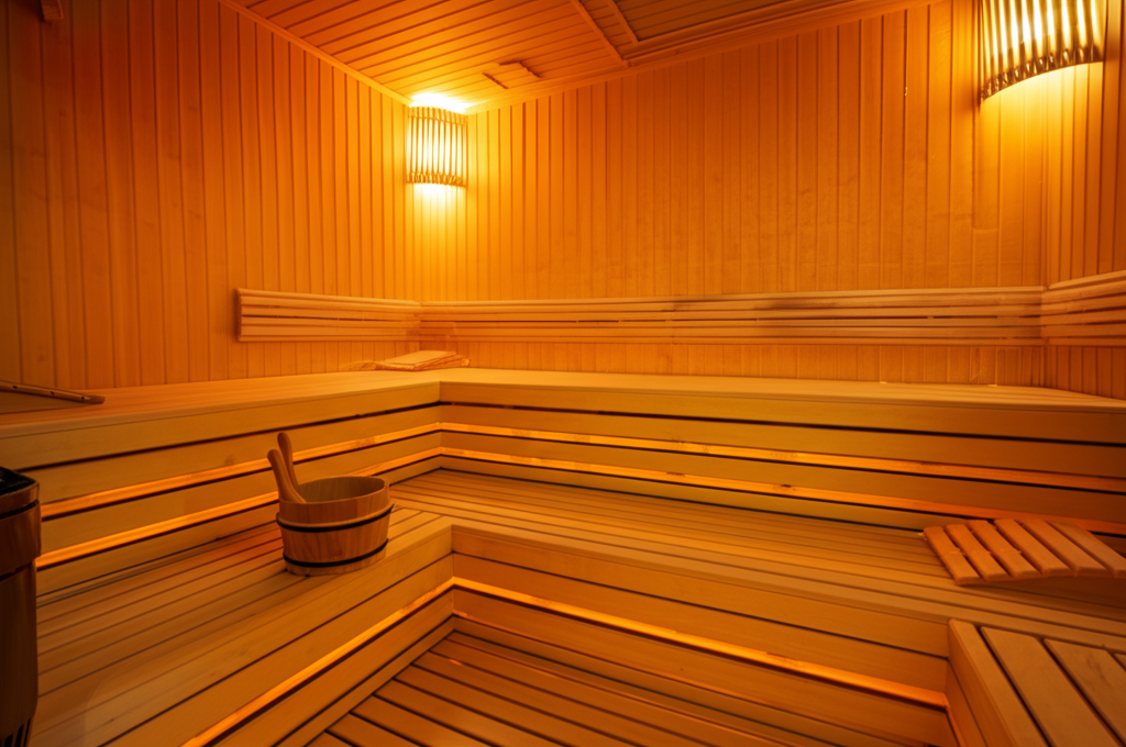 Warmly lit cedar sauna interior with tiered benches and a wooden bucket